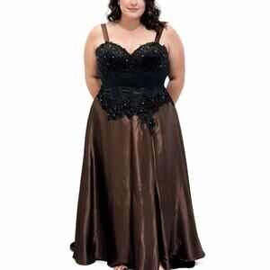 Jovani Embellished Lace Brown Satin Black Beaded Prom Evening Gown 12 Pageant